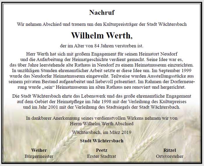 Nachruf der Stadt Wächtersbach für Wilhelm Werth 