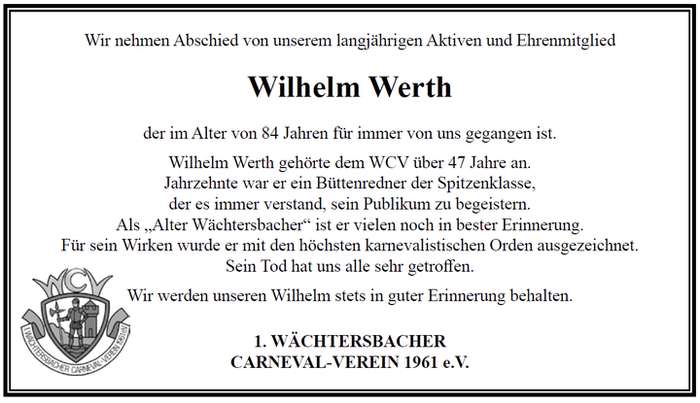Traueranzeige des WCV für Wilhelm Werth 