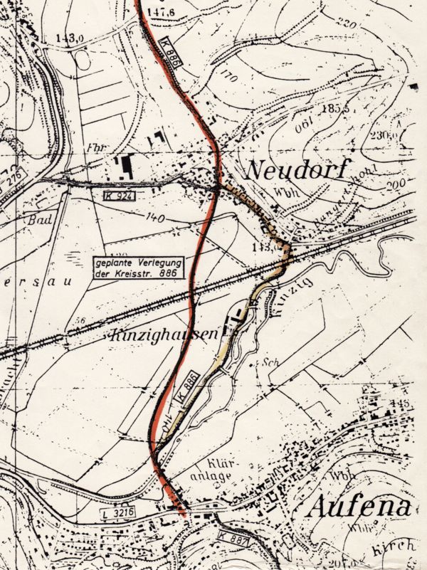Übersichtsplan zur Verlegung der Kreisstraße zwischen Neudorf und Aufenau Übersichtsplan zur Verlegung der Kreisstraße zwischen Neudorf und Aufenau